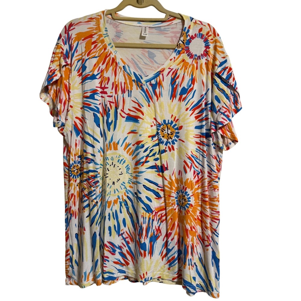 Kuotai Womens XXL V-Neck Flutter Sleeve Abstract Sunburst Floral Print Top White